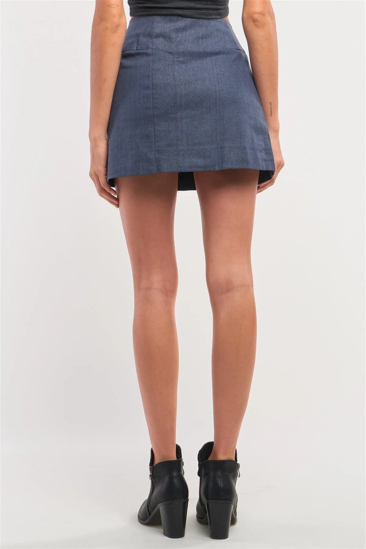 Navy High Waisted Pleated Front Belts Detail Mini Skirt /2-3-1