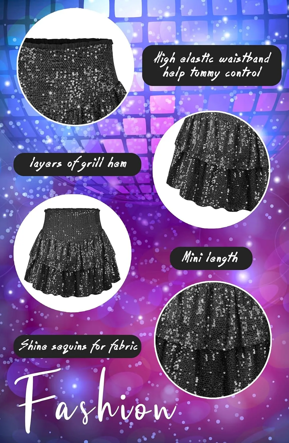 Women Sequin Skirt Sparkly Ruffle High Waist Shiny Glitter Flowy Skirt Layered Pleated Short Skirts for Party Club
